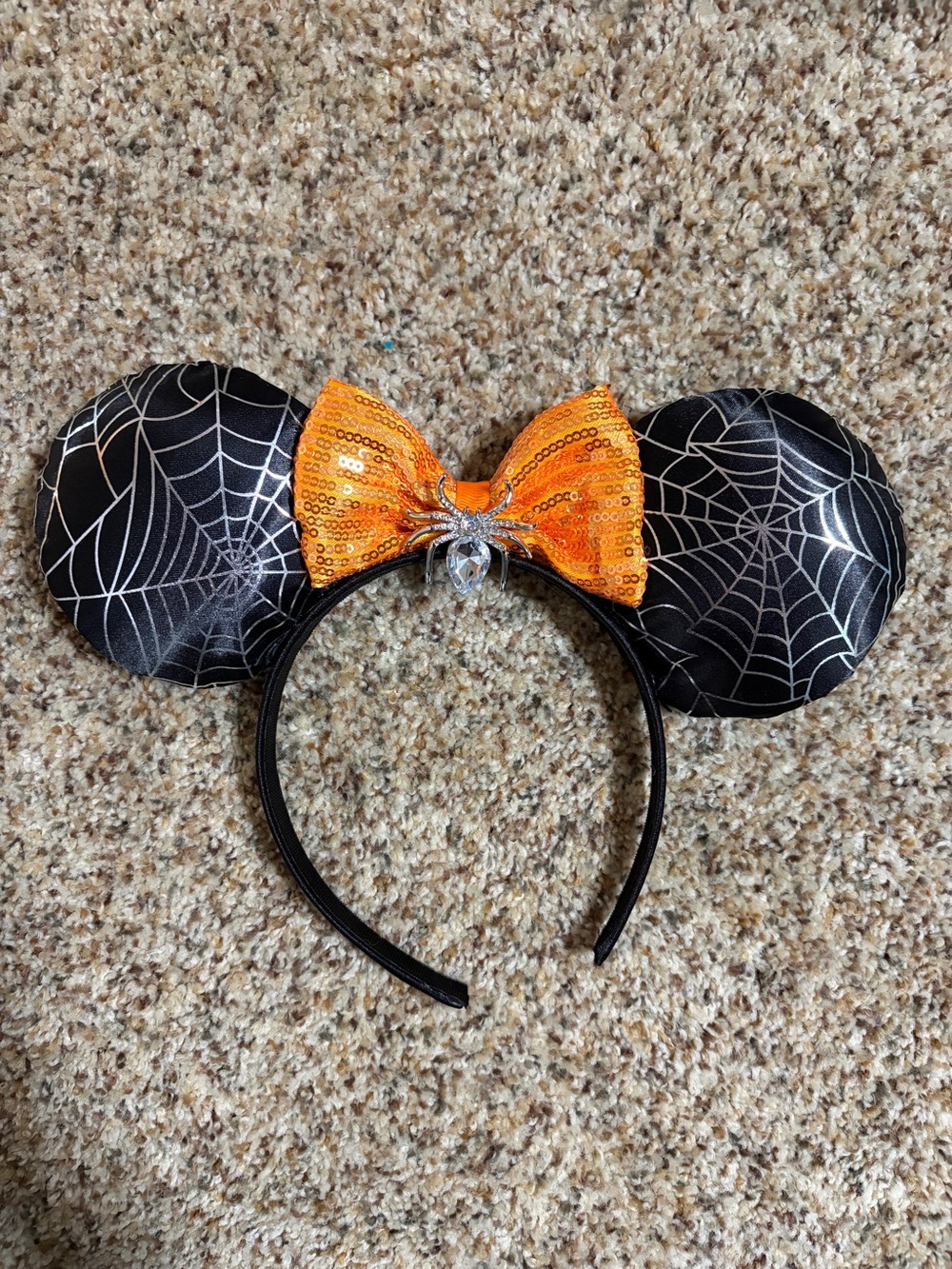 Halloween Spider-Web Ear Headband with Orange Sequin Bow
